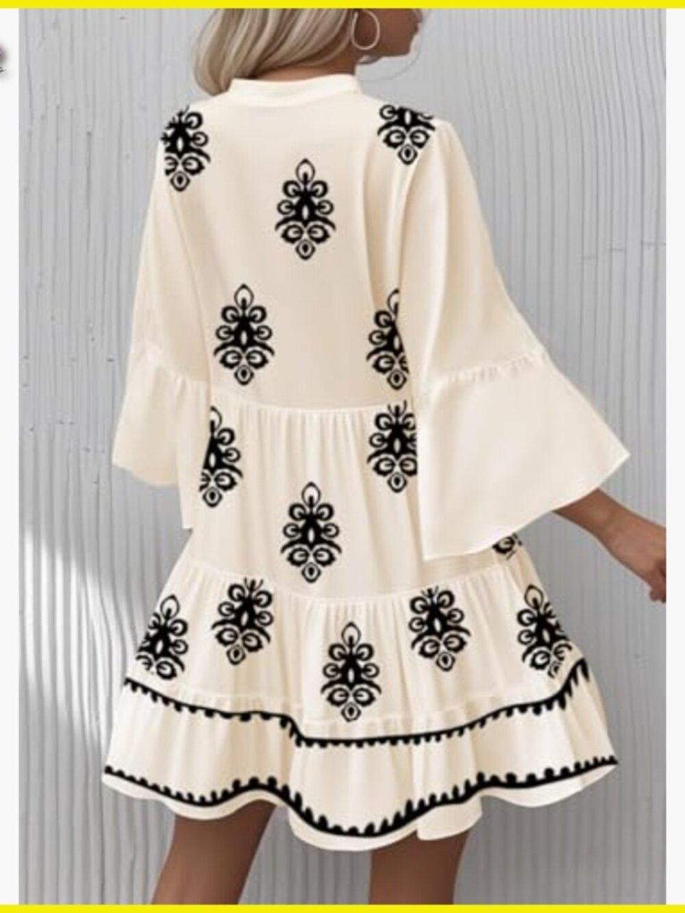 Flowy Ruffle 3/4 Sleeve V Neck Tiered Babydoll Boho Mini Dress Casual - Picture 2 of 4